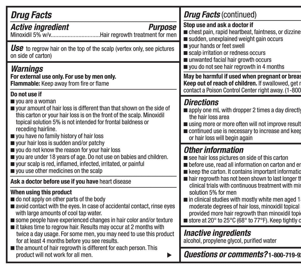 Drug Facts label for Kirkland Signature Minoxidil 5%